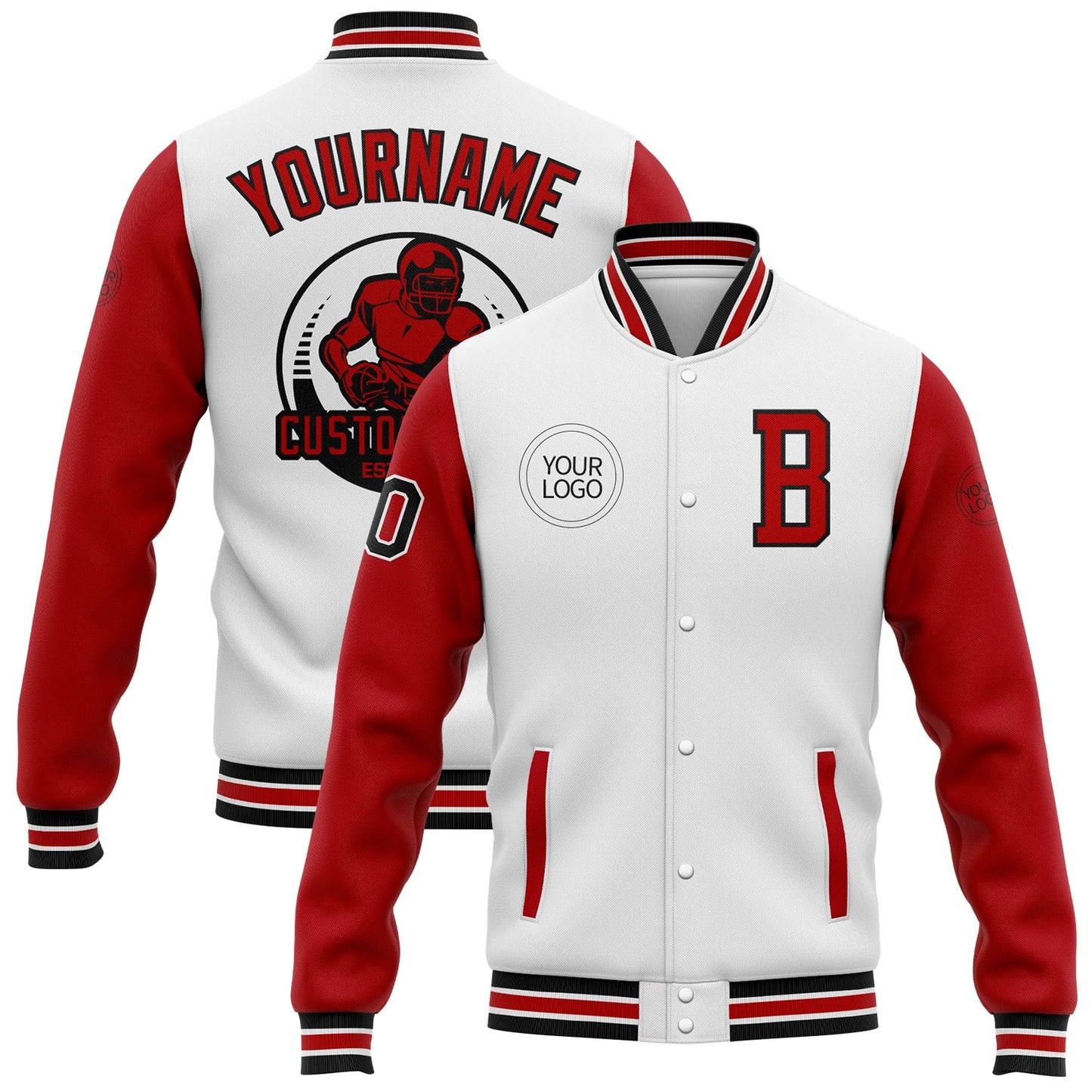 Custom White Red-Black Bomber Full-Snap Varsity Letterman Two Tone Jacket - Main View