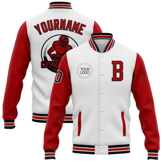 Custom White Red-Black Bomber Full-Snap Varsity Letterman Two Tone Jacket - Main View