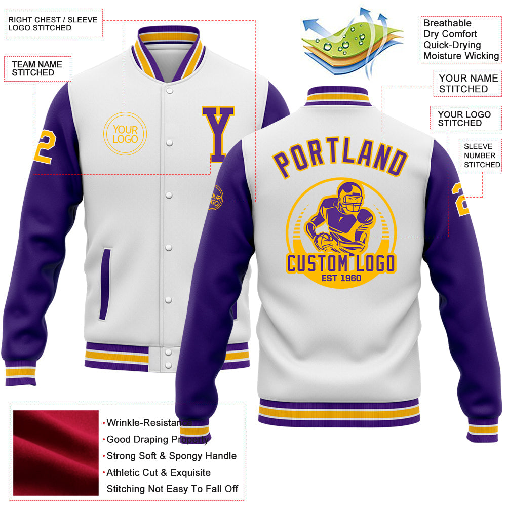 Custom White Purple-Gold Bomber Full-Snap Varsity Letterman Two Tone Jacket view 5
