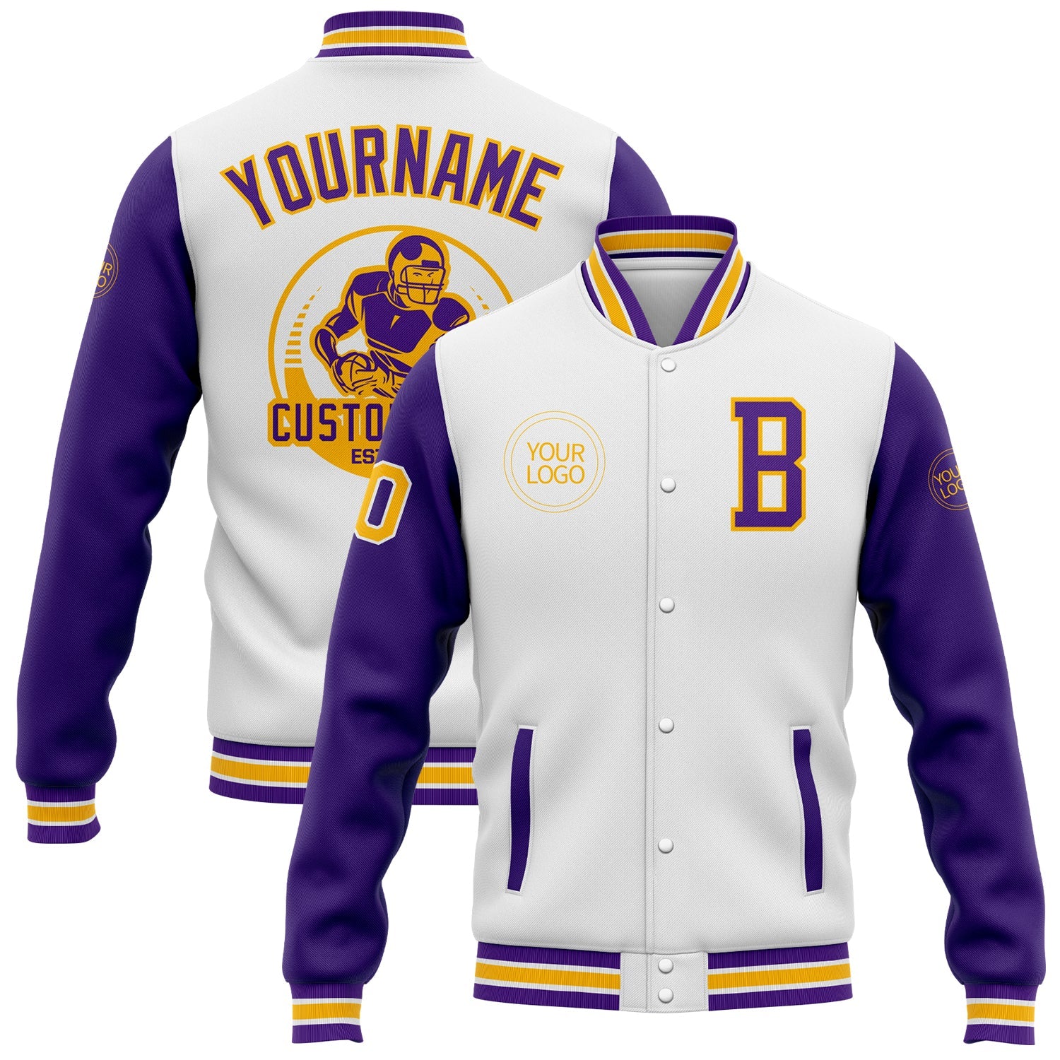 Custom White Purple-Gold Bomber Full-Snap Varsity Letterman Two Tone Jacket - Main View