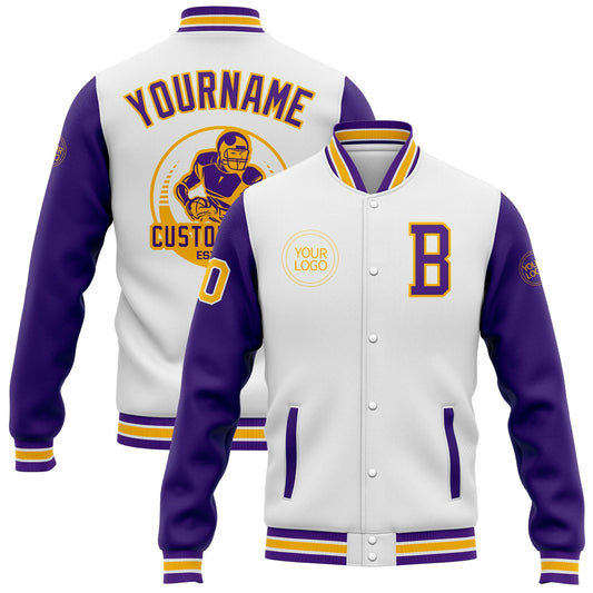 Custom White Purple-Gold Bomber Full-Snap Varsity Letterman Two Tone Jacket - Main View