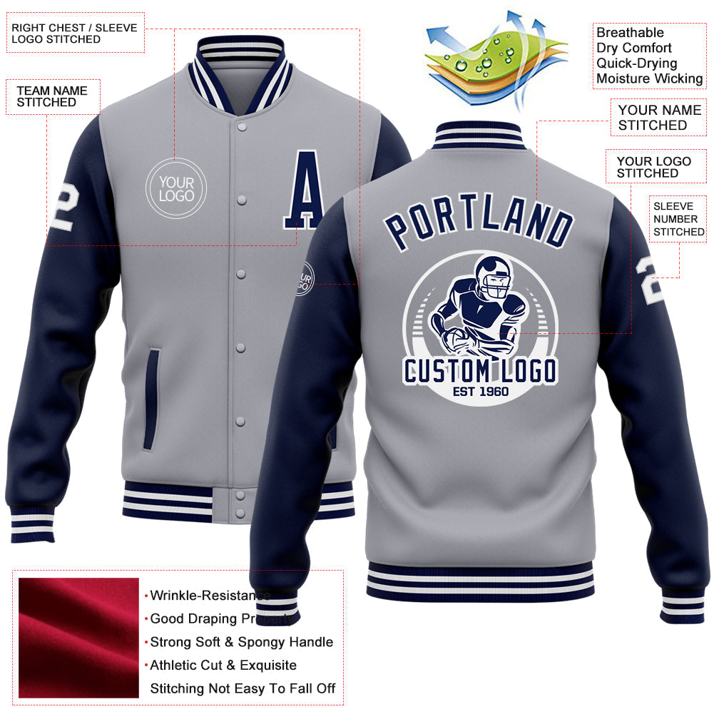 Custom Gray Navy-White Bomber Full-Snap Varsity Letterman Two Tone Jacket view 5