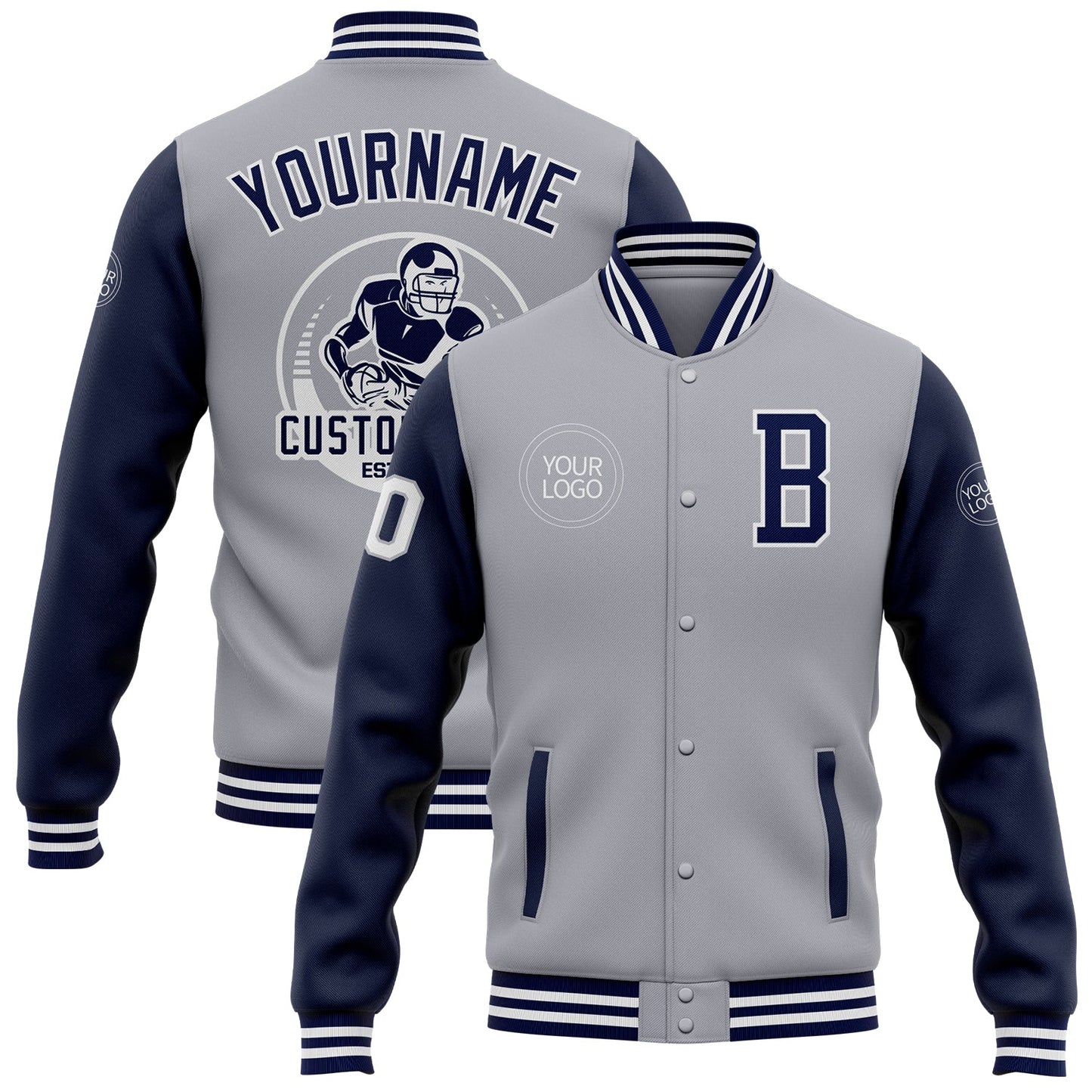 Custom Gray Navy-White Bomber Full-Snap Varsity Letterman Two Tone Jacket - Main View