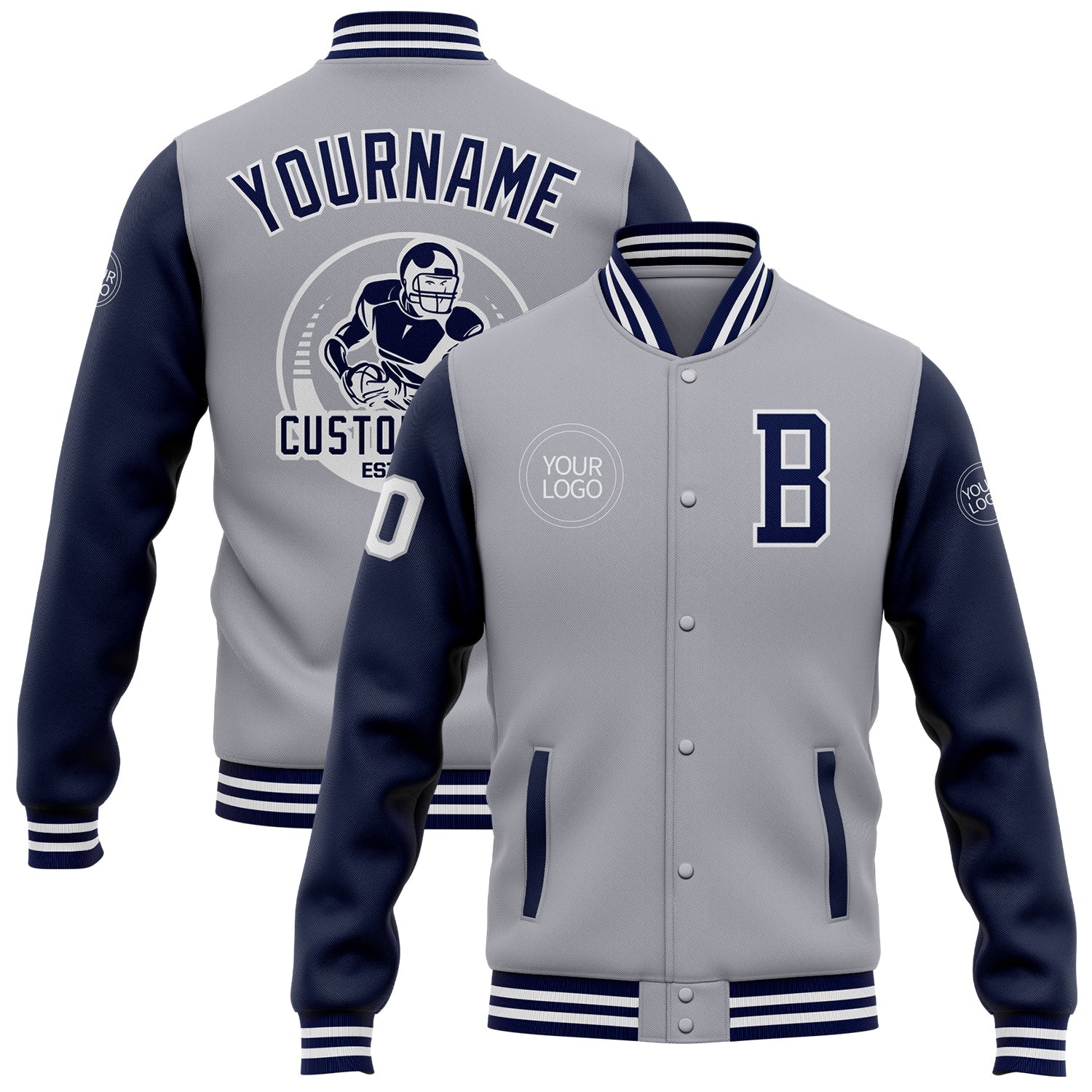 Custom Gray Navy-White Bomber Full-Snap Varsity Letterman Two Tone Jacket - Main View
