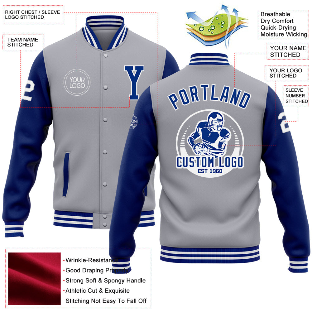 Custom Gray Royal-White Bomber Full-Snap Varsity Letterman Two Tone Jacket view 5