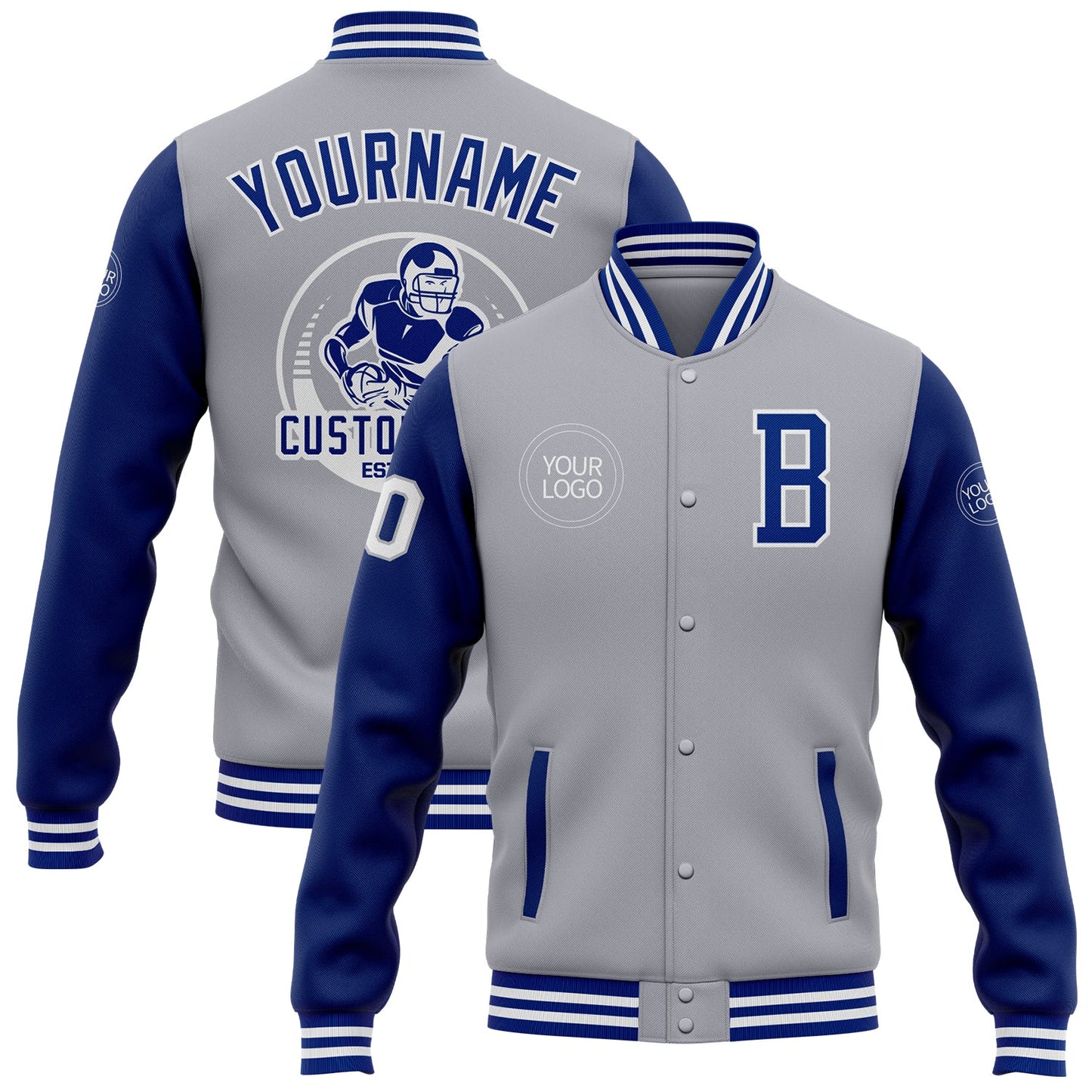 Custom Gray Royal-White Bomber Full-Snap Varsity Letterman Two Tone Jacket - Main View