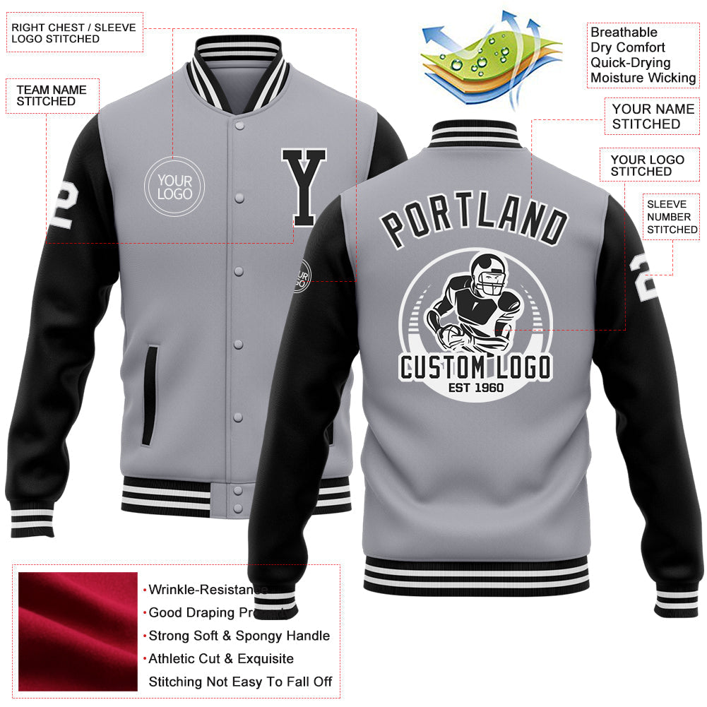 Custom Gray Black-White Bomber Full-Snap Varsity Letterman Two Tone Jacket view 5