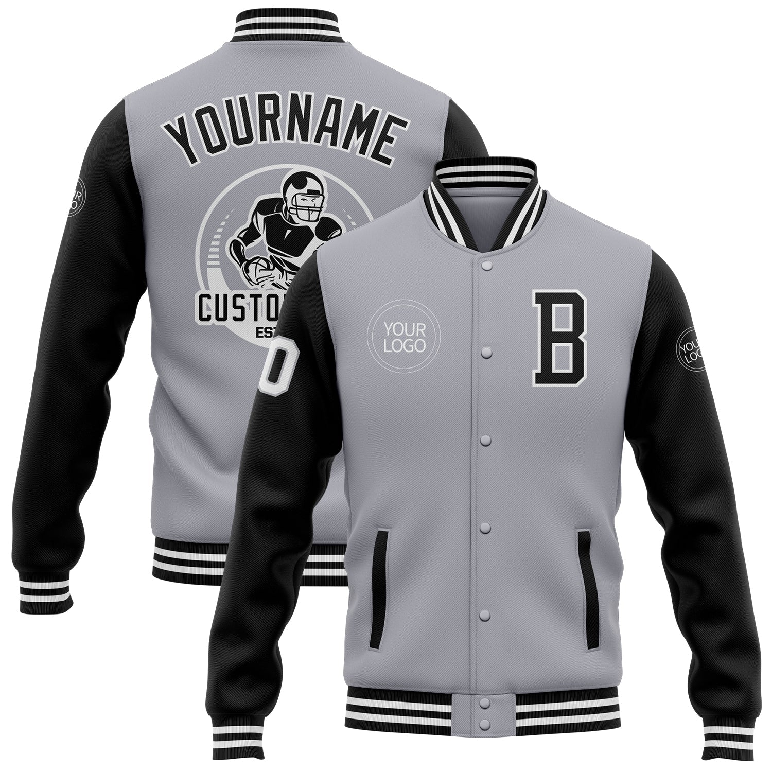Custom Gray Black-White Bomber Full-Snap Varsity Letterman Two Tone Jacket - Main View