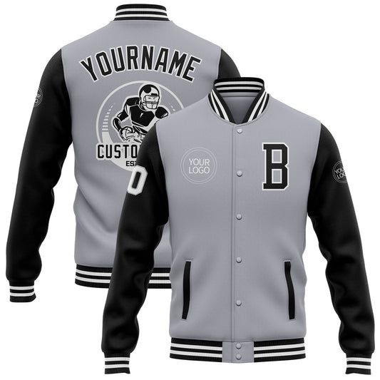 Custom Gray Black-White Bomber Full-Snap Varsity Letterman Two Tone Jacket - Main View
