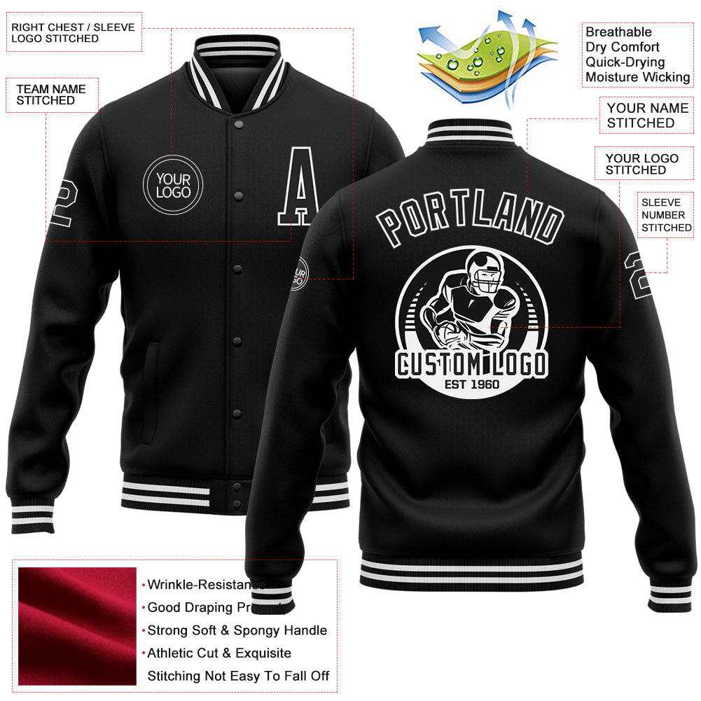 Custom Black White Bomber Full-Snap Varsity Letterman Jacket view 5