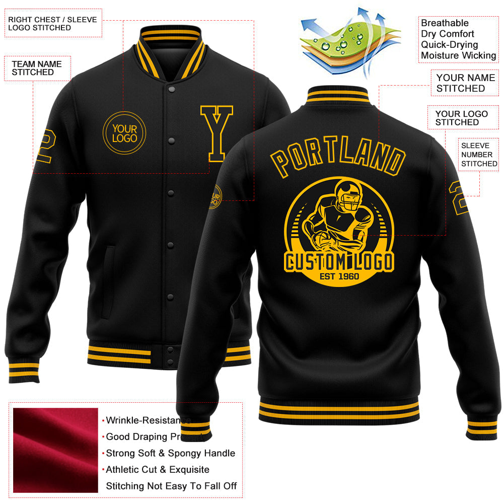 Custom Black Gold Bomber Full-Snap Varsity Letterman Jacket view 5