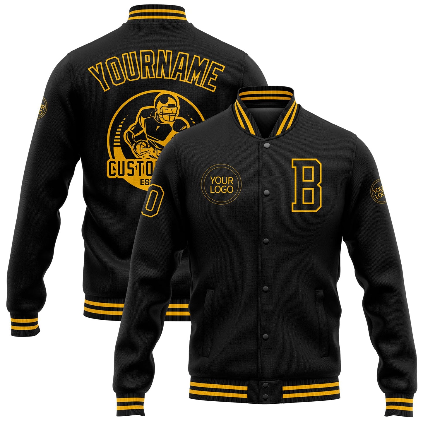 Custom Black Gold Bomber Full-Snap Varsity Letterman Jacket - Main View