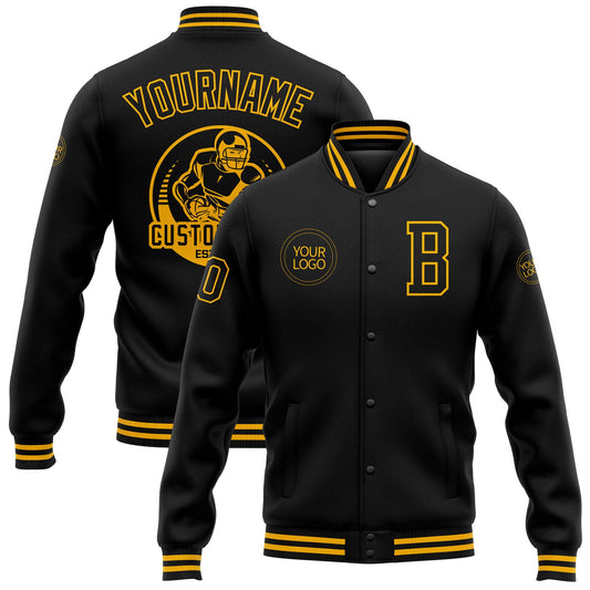 Custom Black Gold Bomber Full-Snap Varsity Letterman Jacket - Main View