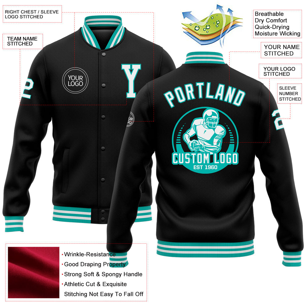 Custom Black White-Aqua Bomber Full-Snap Varsity Letterman Jacket view 5