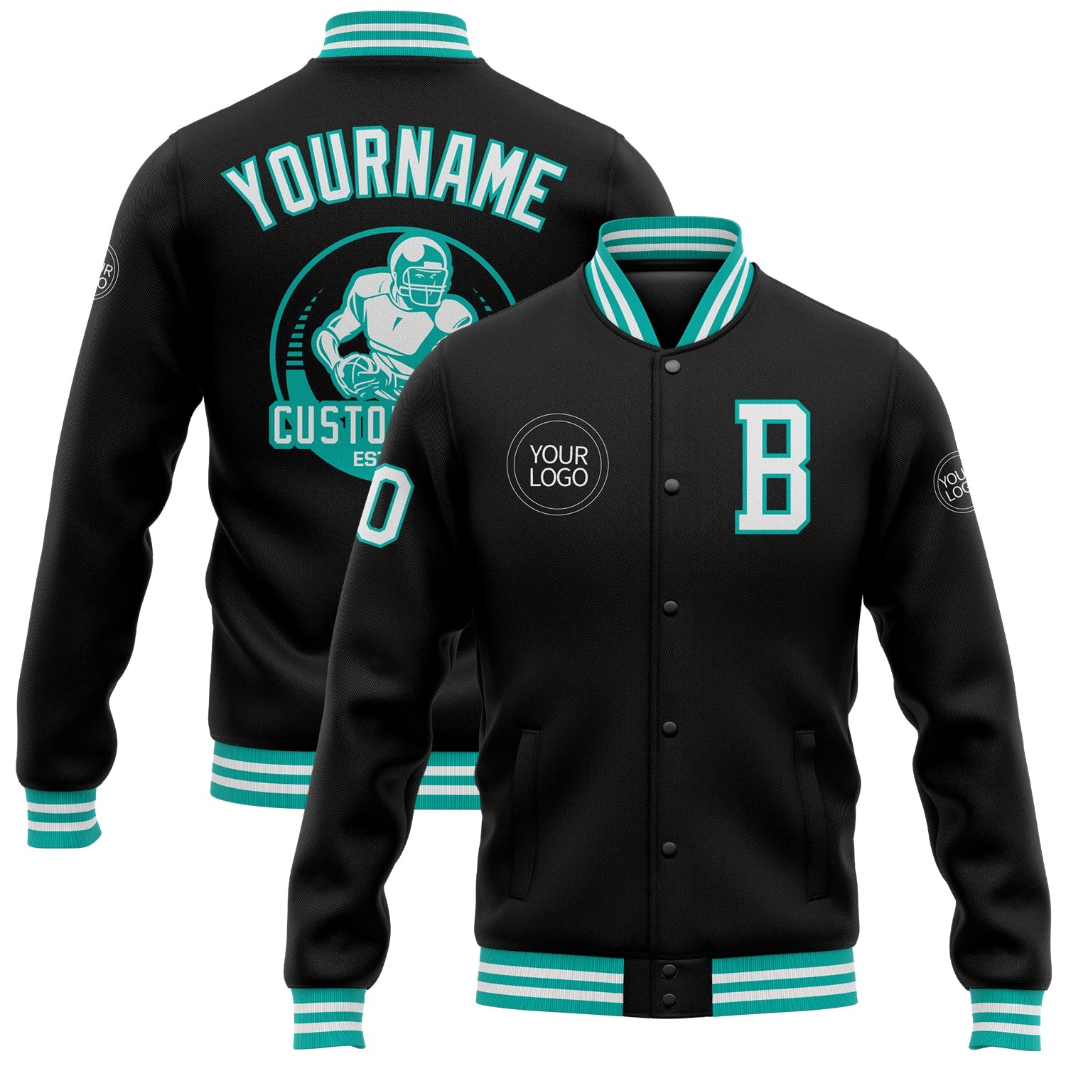 Custom Black White-Aqua Bomber Full-Snap Varsity Letterman Jacket - Main View