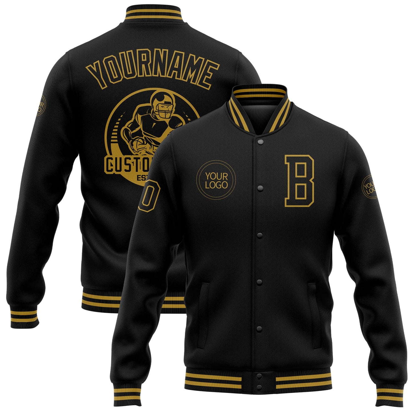 Custom Black Old Gold Bomber Full-Snap Varsity Letterman Jacket - Main View