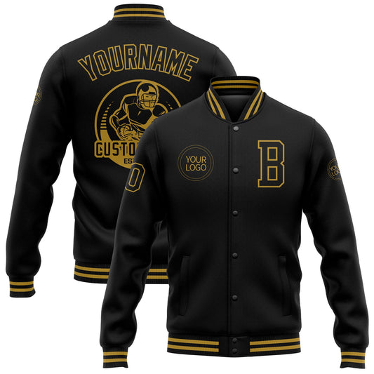Custom Black Old Gold Bomber Full-Snap Varsity Letterman Jacket - Main View