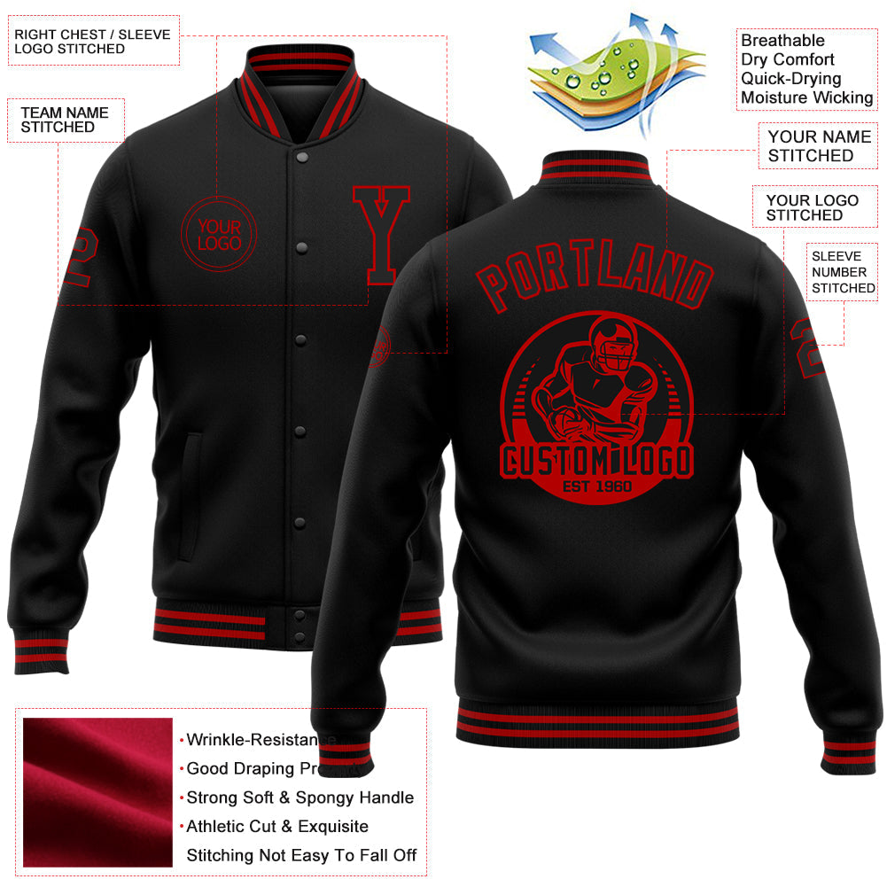 Custom Black Red Bomber Full-Snap Varsity Letterman Jacket view 5