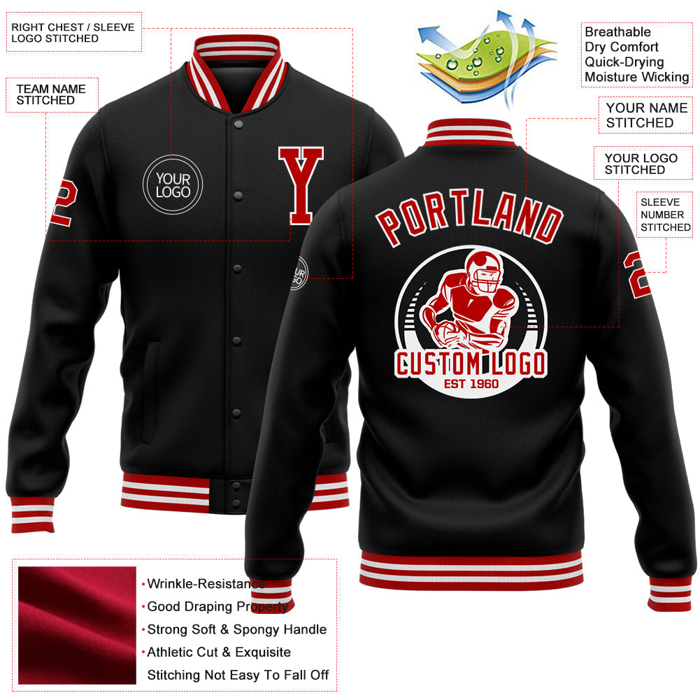 Custom Black Red-White Bomber Full-Snap Varsity Letterman Jacket view 5