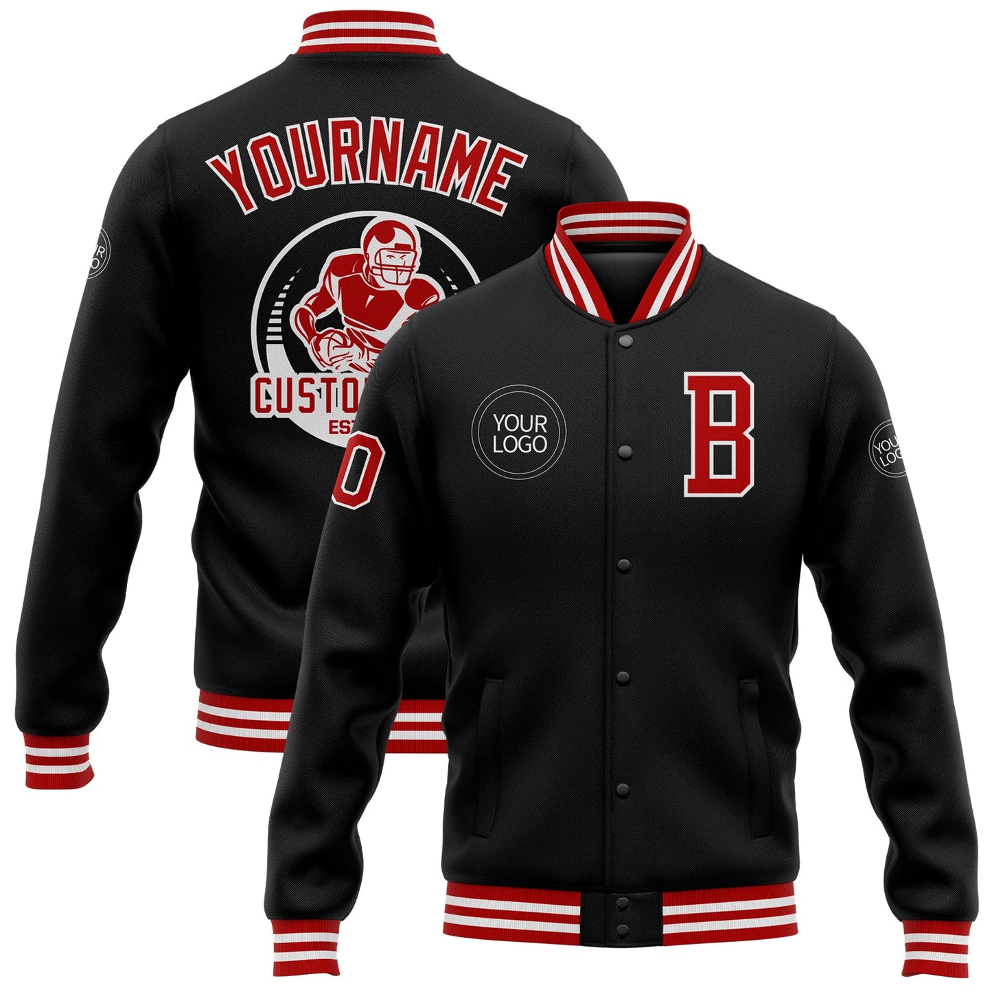 Custom Black Red-White Bomber Full-Snap Varsity Letterman Jacket - Main View