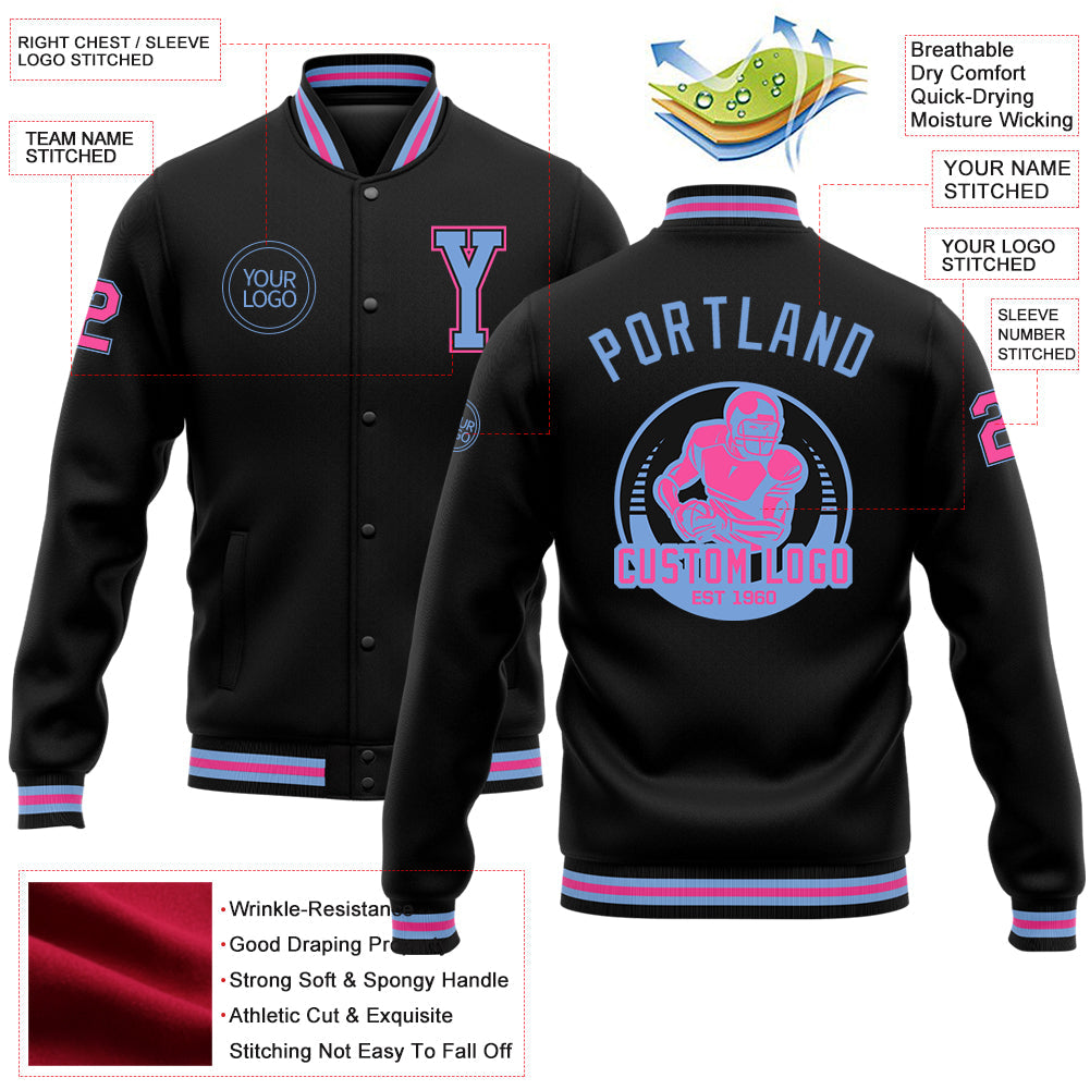 Custom Black Light Blue-Pink Bomber Full-Snap Varsity Letterman Jacket view 5