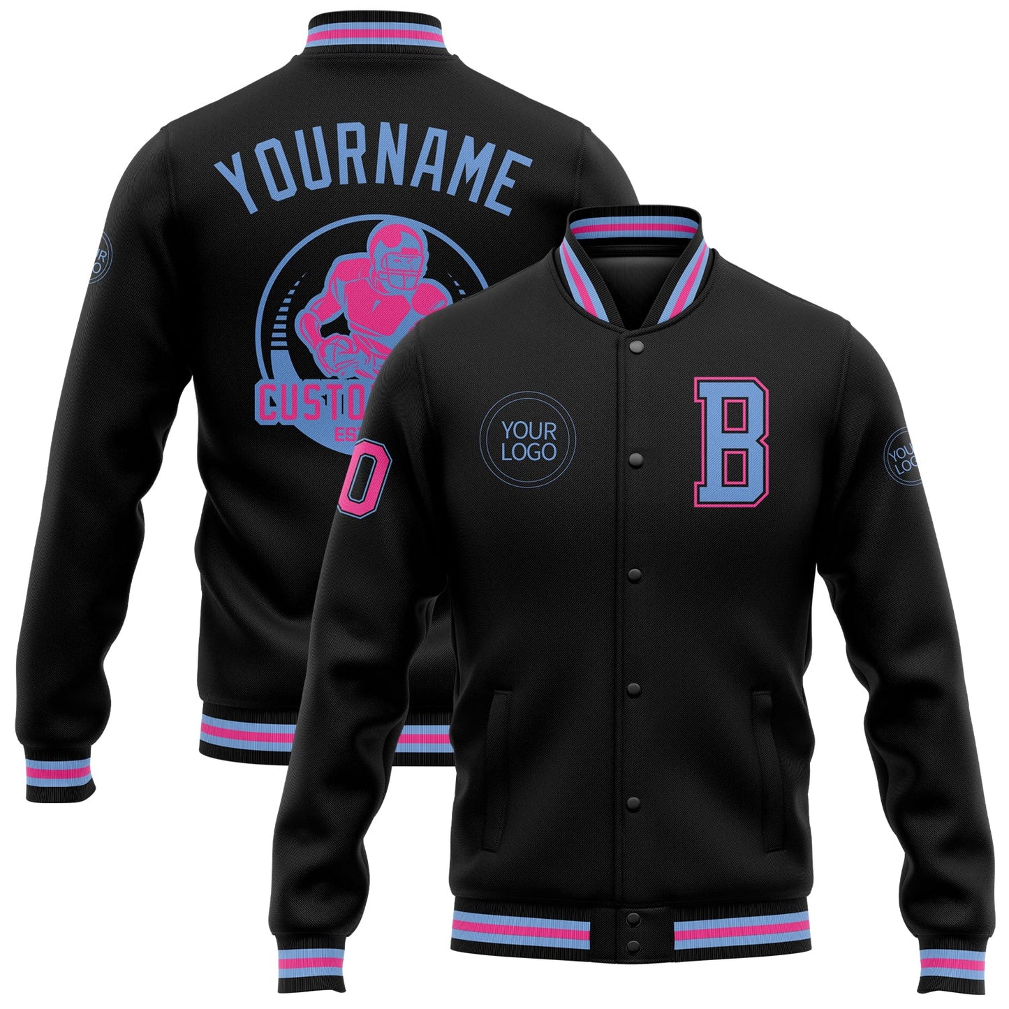 Custom Black Light Blue-Pink Bomber Full-Snap Varsity Letterman Jacket - Main View