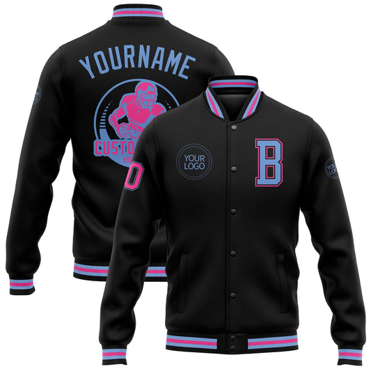 Custom Black Light Blue-Pink Bomber Full-Snap Varsity Letterman Jacket - Main View