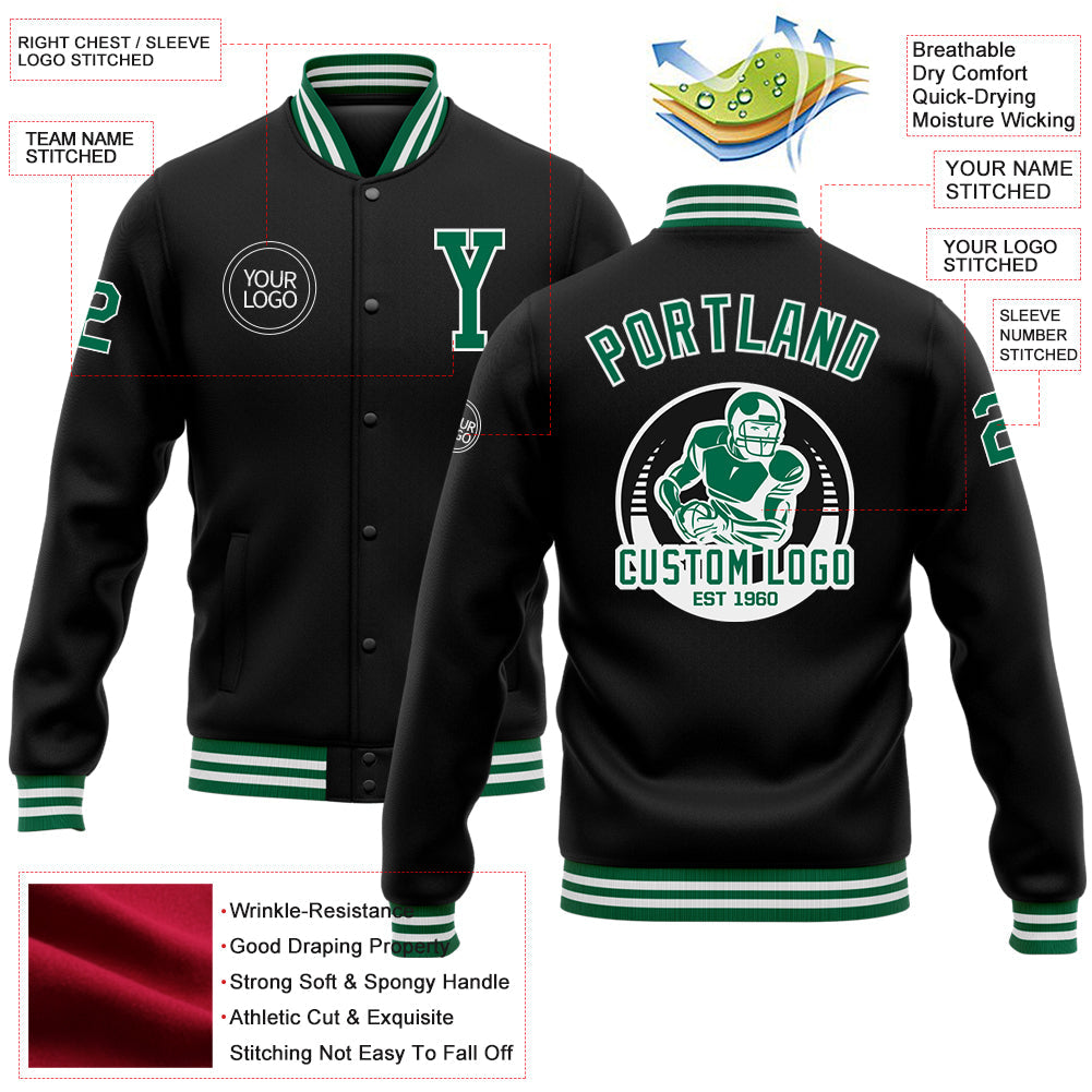 Custom Black Kelly Green-White Bomber Full-Snap Varsity Letterman Jacket view 5