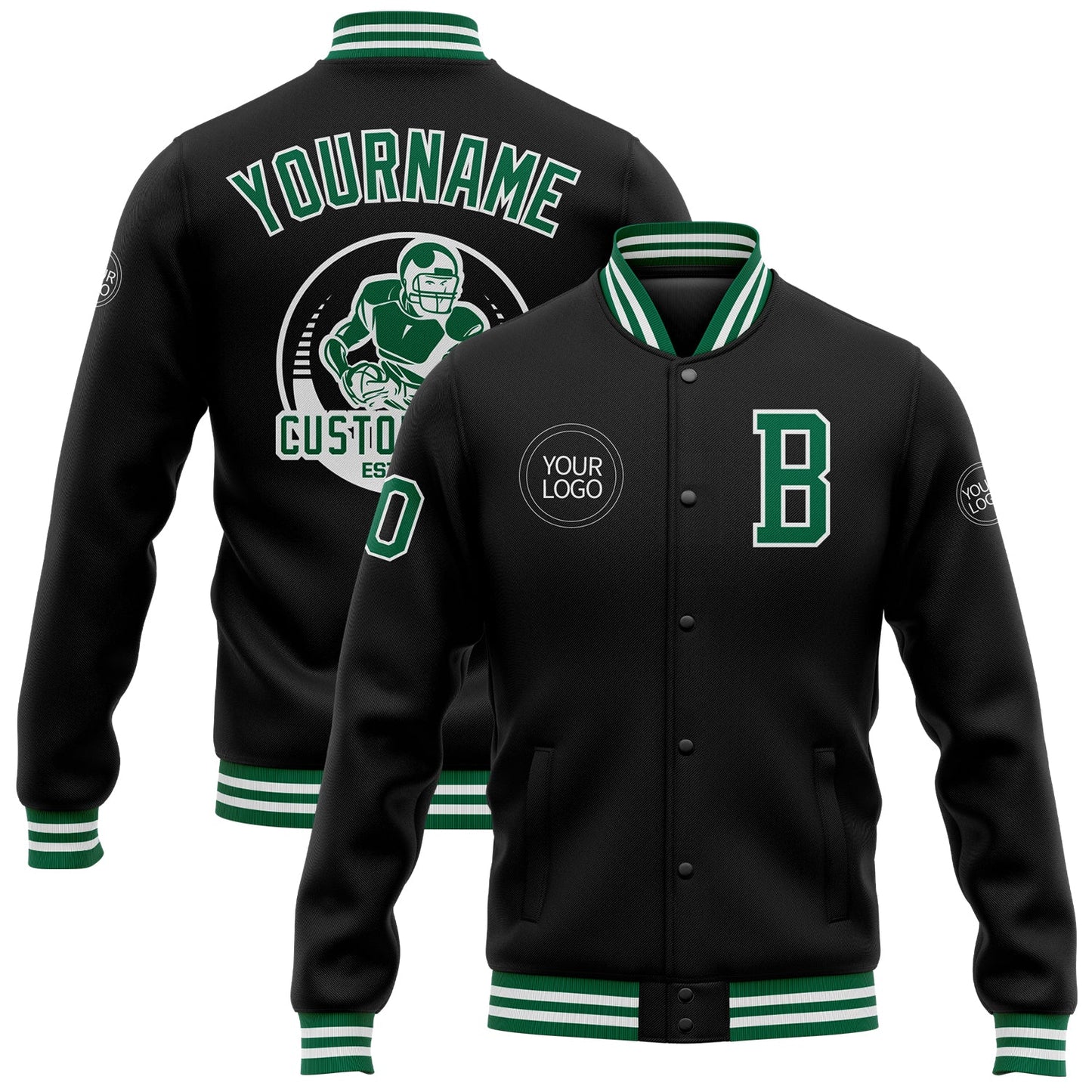 Custom Black Kelly Green-White Bomber Full-Snap Varsity Letterman Jacket - Main View