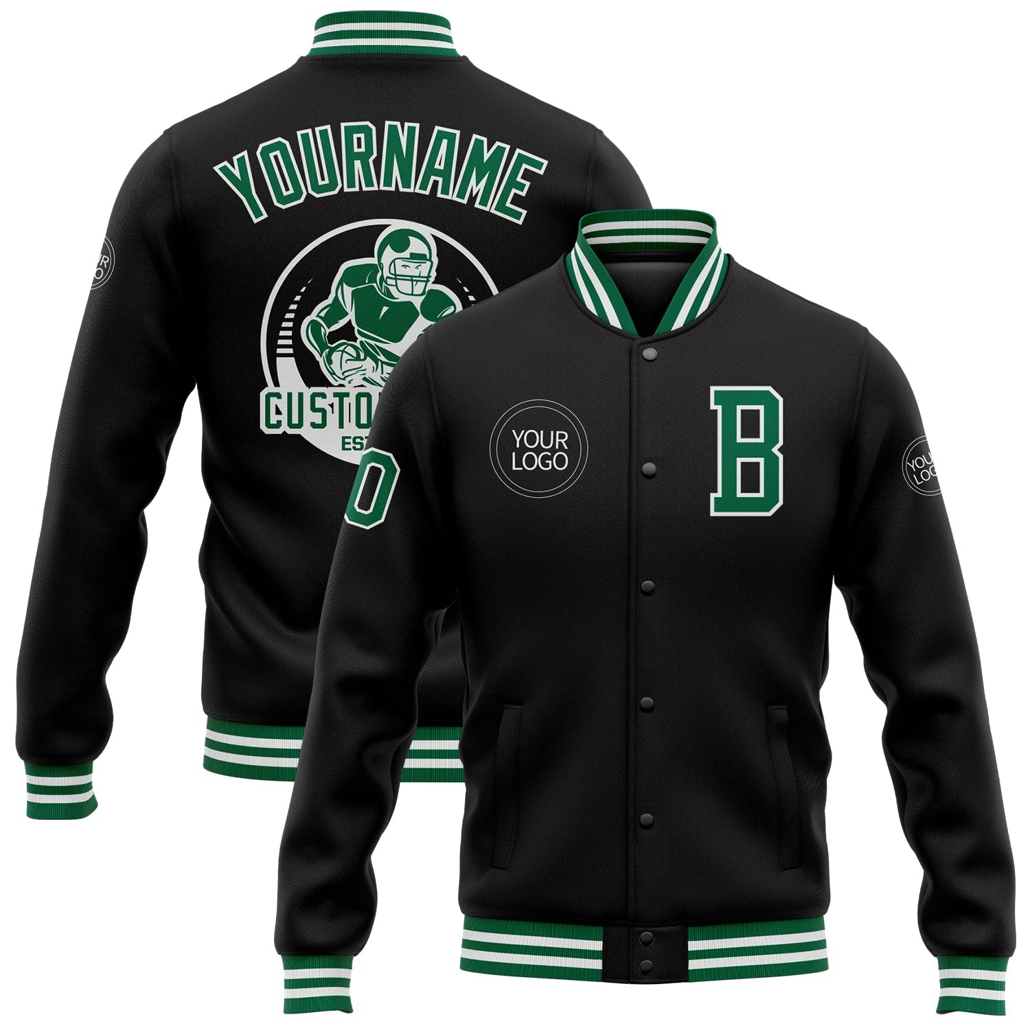 Custom Black Kelly Green-White Bomber Full-Snap Varsity Letterman Jacket - Main View