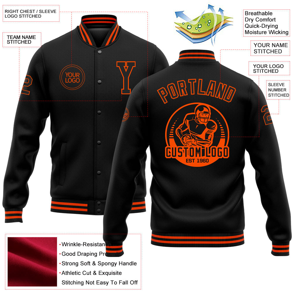 Custom Black Orange Bomber Full-Snap Varsity Letterman Jacket view 5