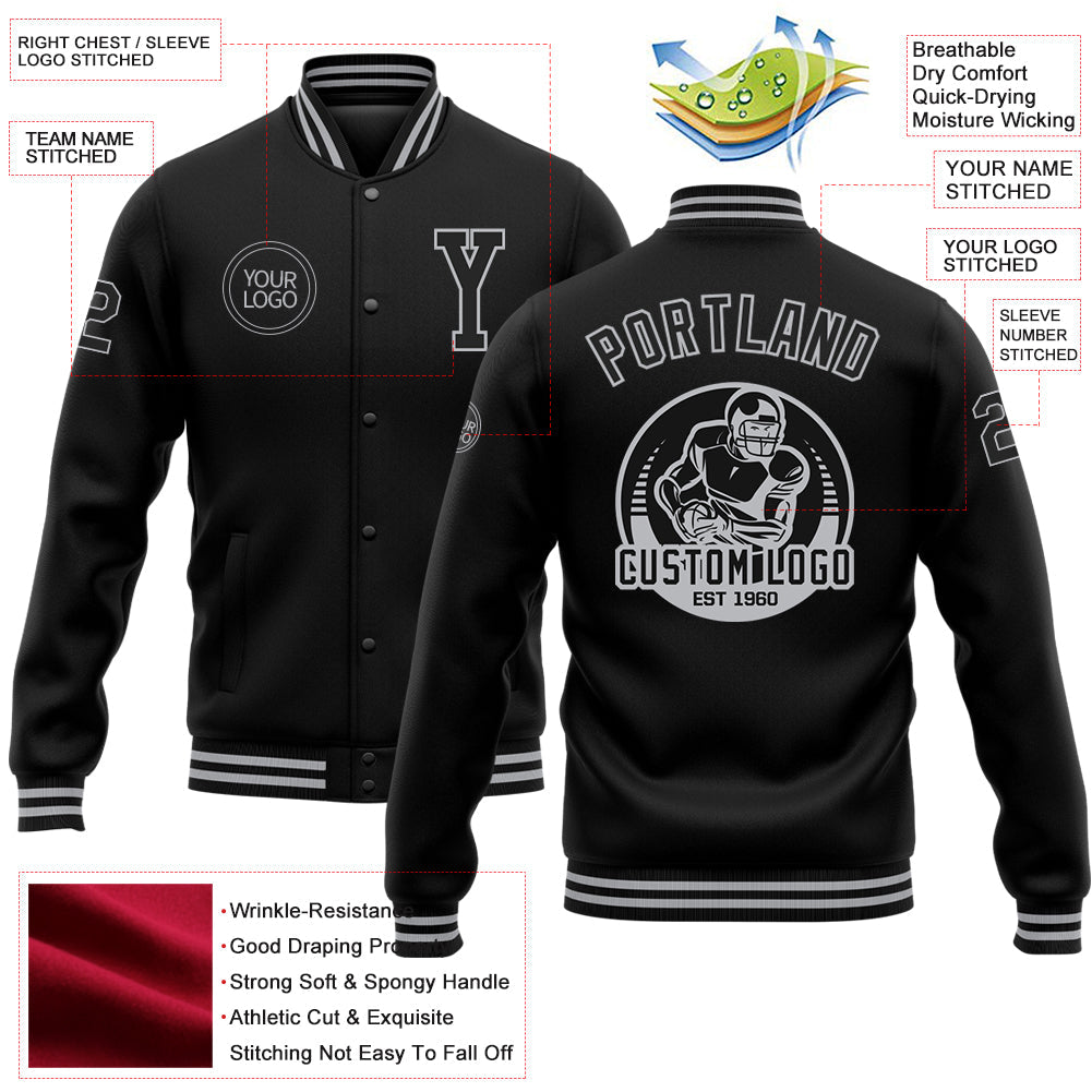 Custom Black Gray Bomber Full-Snap Varsity Letterman Jacket view 5