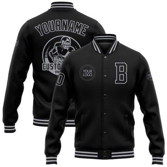 Custom Black Gray Bomber Full-Snap Varsity Letterman Jacket - Main View