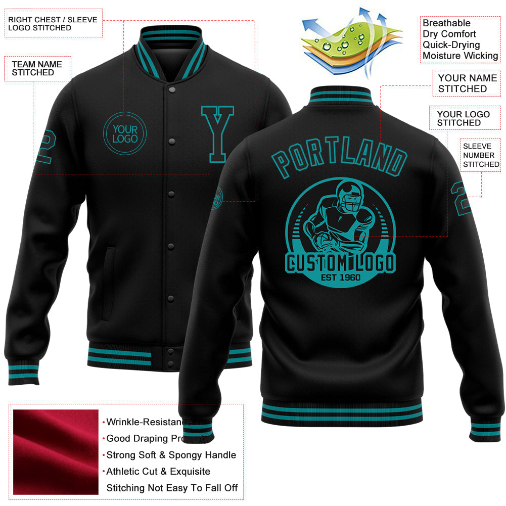 Custom Black Teal Bomber Full-Snap Varsity Letterman Jacket view 5