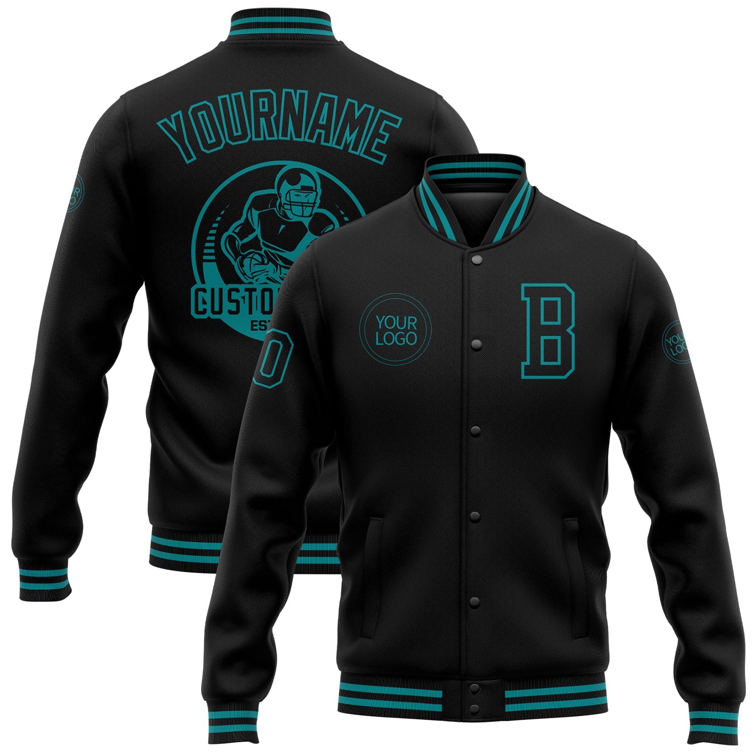 Custom Black Teal Bomber Full-Snap Varsity Letterman Jacket - Main View