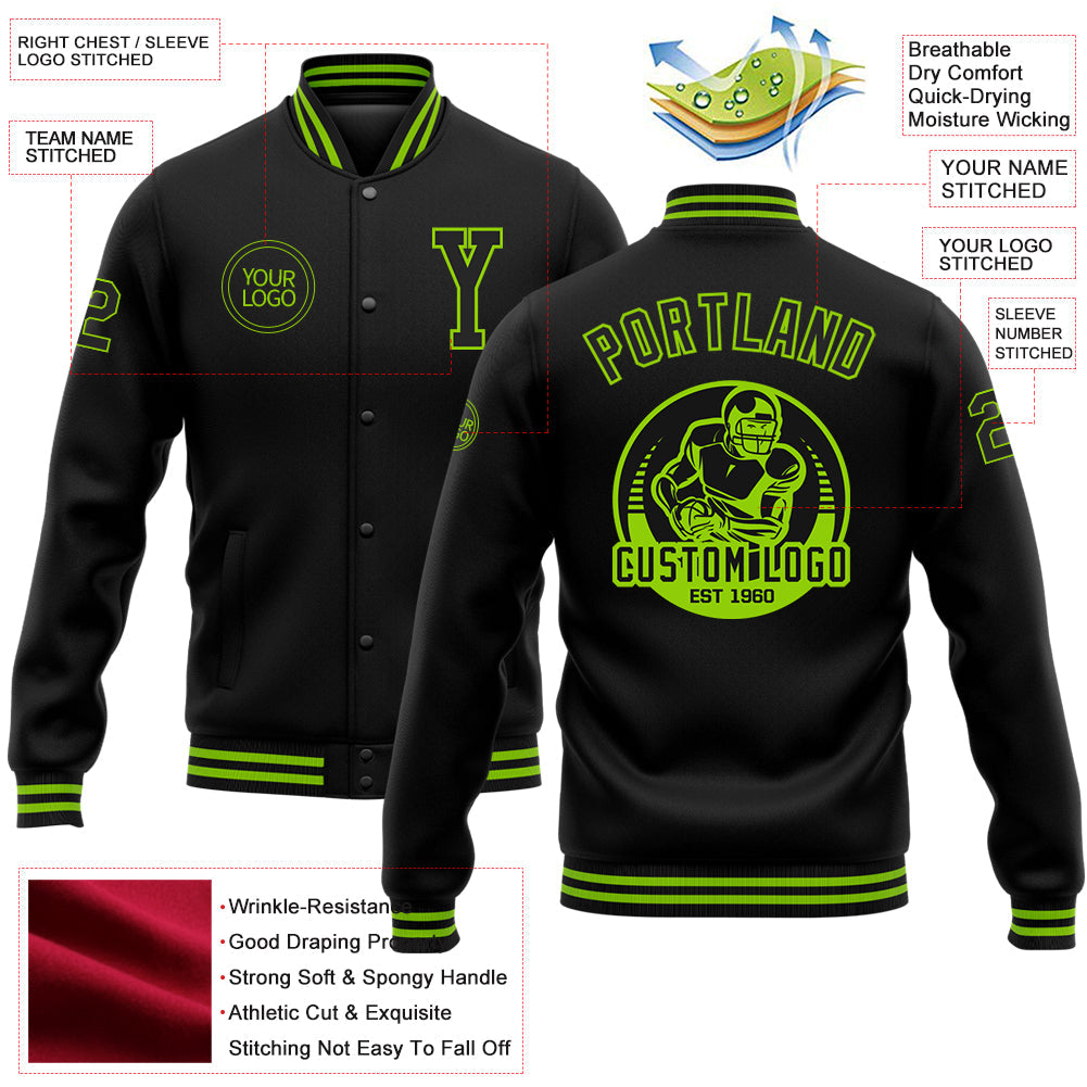 Custom Black Neon Green Bomber Full-Snap Varsity Letterman Jacket view 5