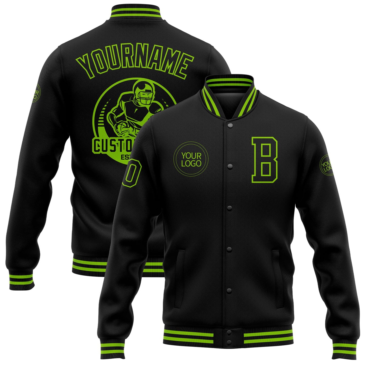 Custom Black Neon Green Bomber Full-Snap Varsity Letterman Jacket - Main View