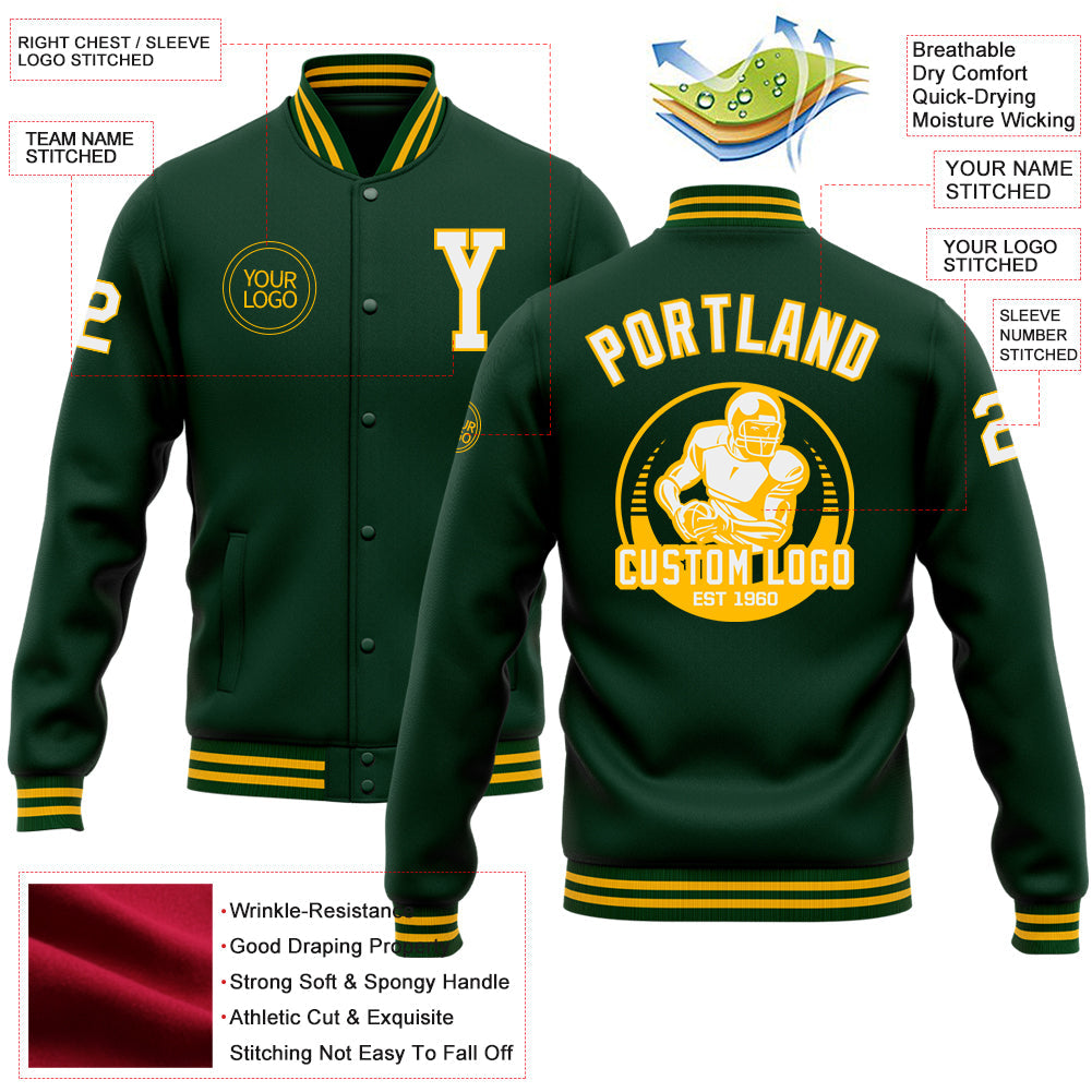 Custom Green White-Gold Bomber Full-Snap Varsity Letterman Jacket view 5