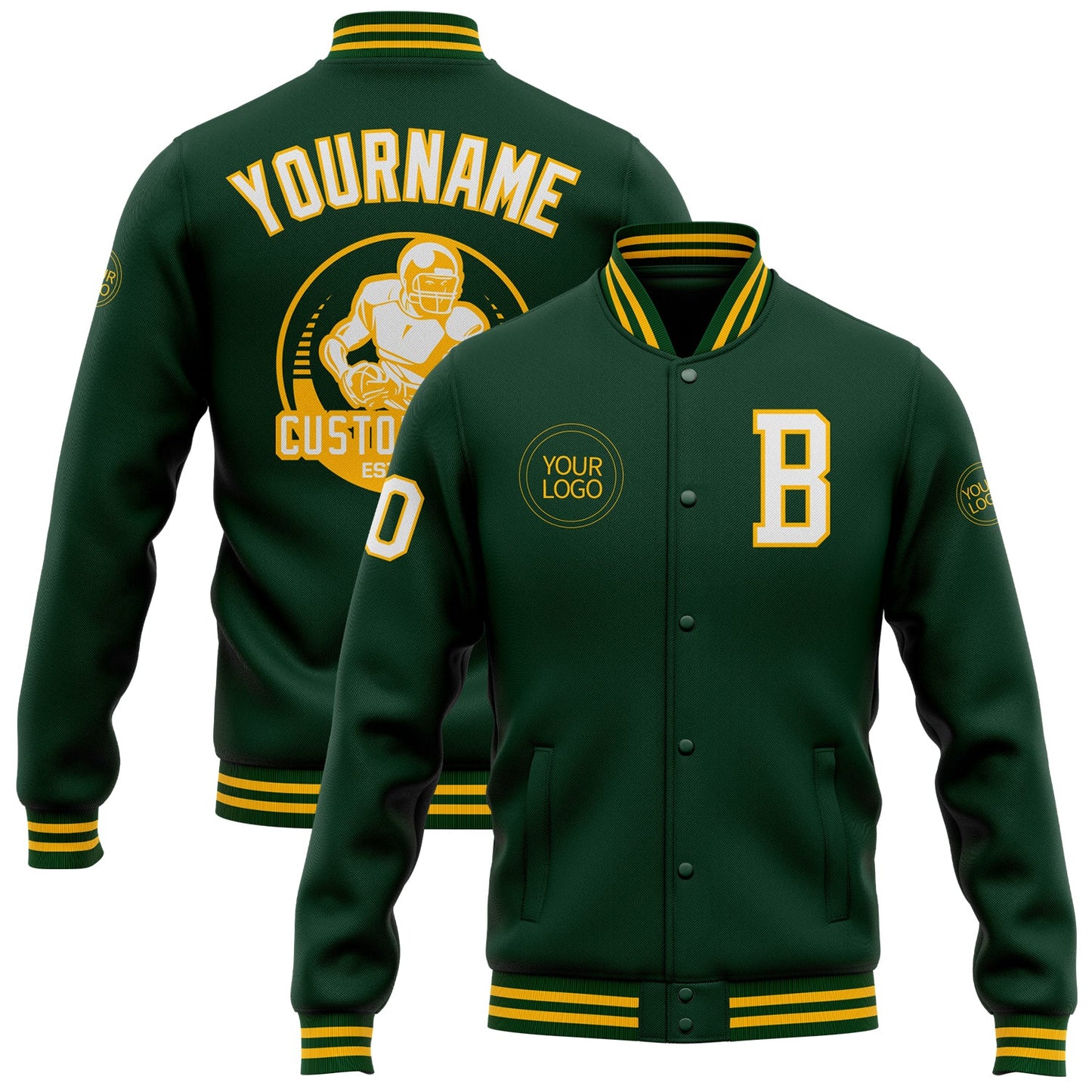 Custom Green White-Gold Bomber Full-Snap Varsity Letterman Jacket - Main View