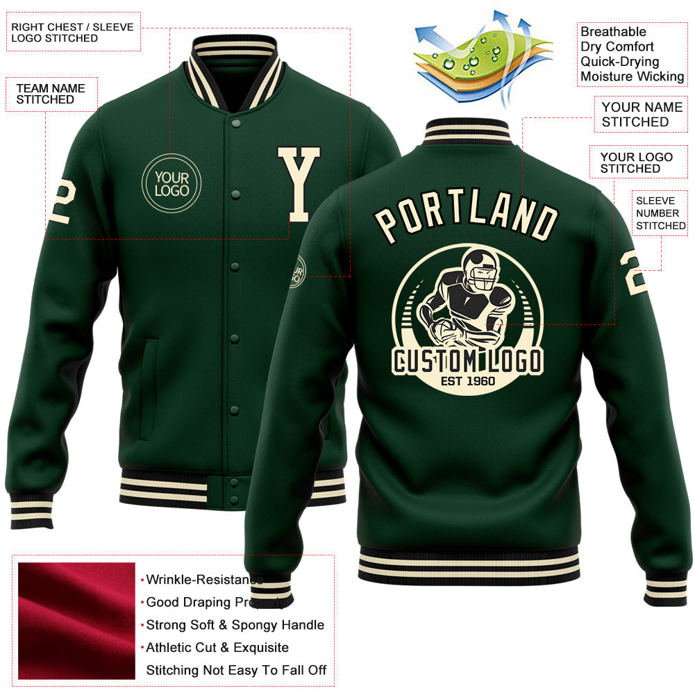 Custom Green Cream-Black Bomber Full-Snap Varsity Letterman Jacket view 5