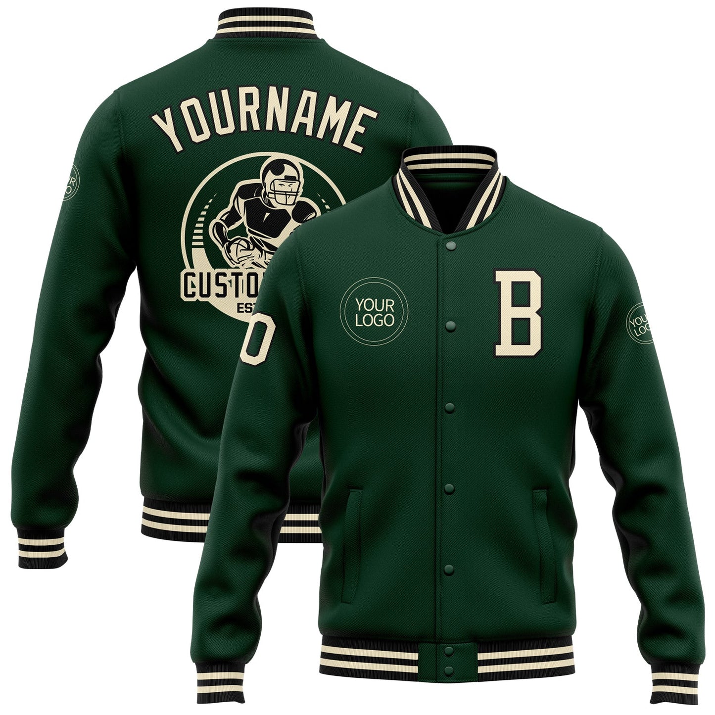 Custom Green Cream-Black Bomber Full-Snap Varsity Letterman Jacket - Main View