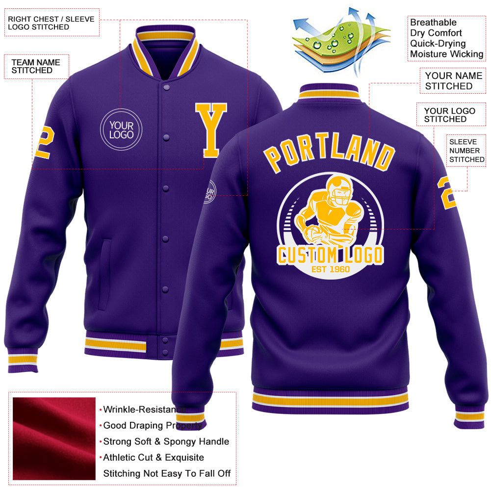 Custom Purple Gold-White Bomber Full-Snap Varsity Letterman Jacket view 5