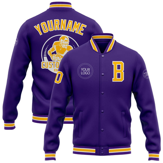 Custom Purple Gold-White Bomber Full-Snap Varsity Letterman Jacket - Main View
