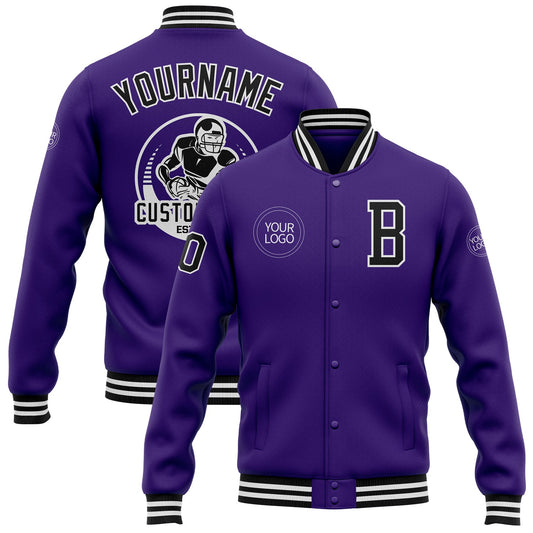 Custom Purple Black-White Bomber Full-Snap Varsity Letterman Jacket - Main View