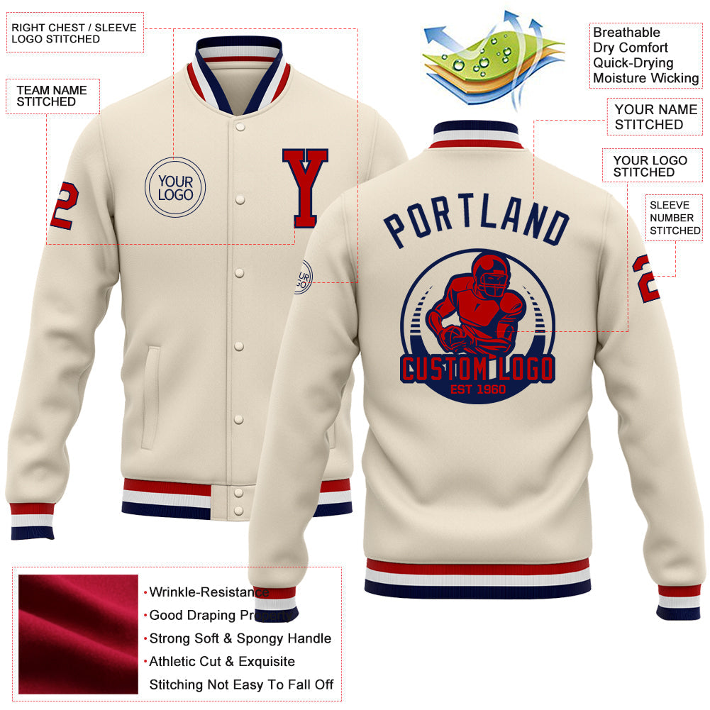 Custom Cream Red-Navy Bomber Full-Snap Varsity Letterman Jacket view 5
