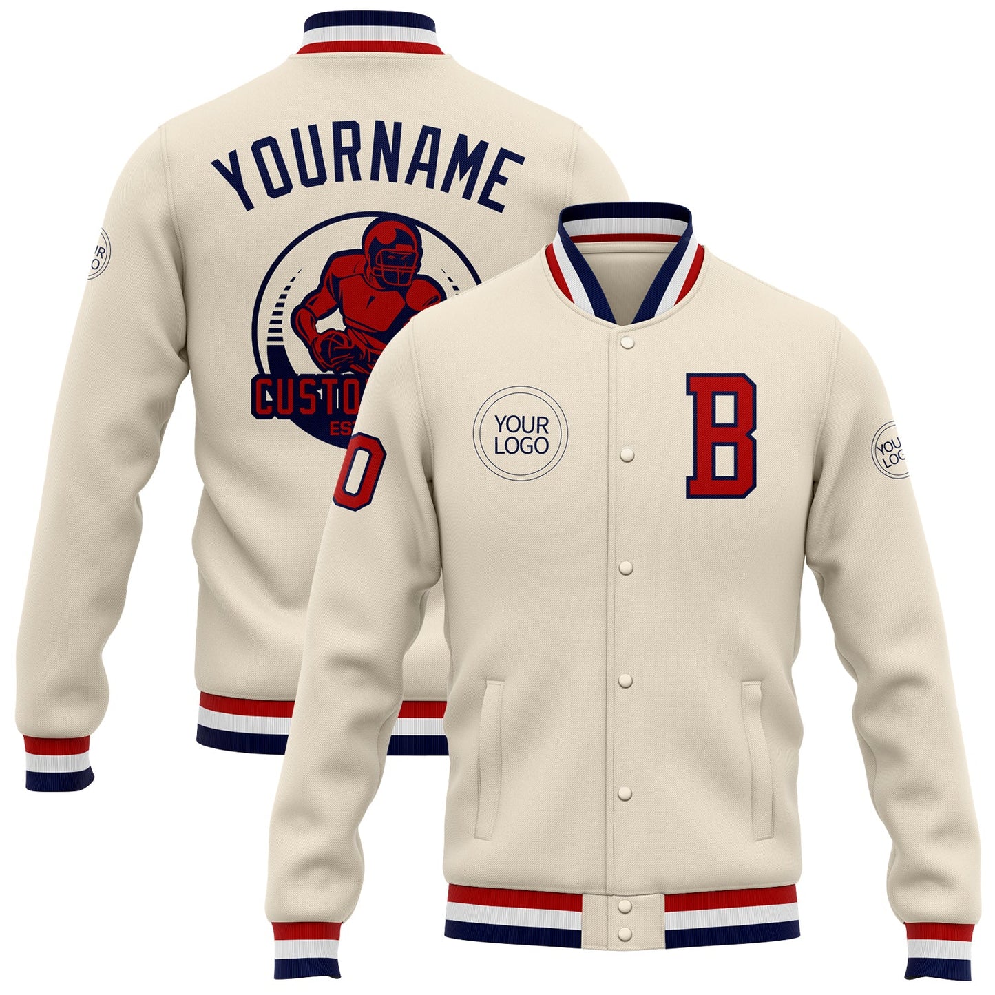 Custom Cream Red-Navy Bomber Full-Snap Varsity Letterman Jacket - Main View