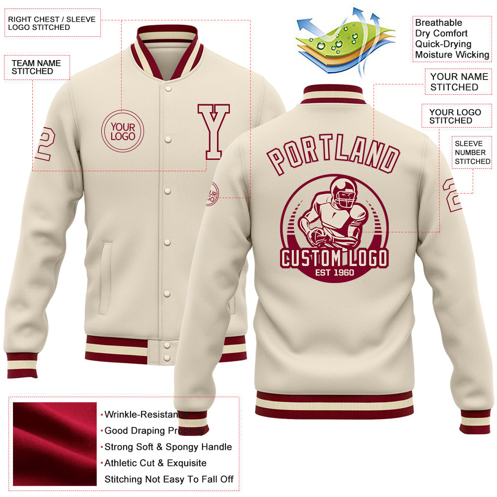 Custom Cream Maroon Bomber Full-Snap Varsity Letterman Jacket view 5