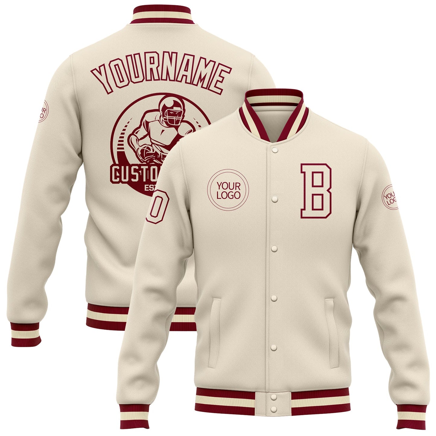 Custom Cream Maroon Bomber Full-Snap Varsity Letterman Jacket - Main View