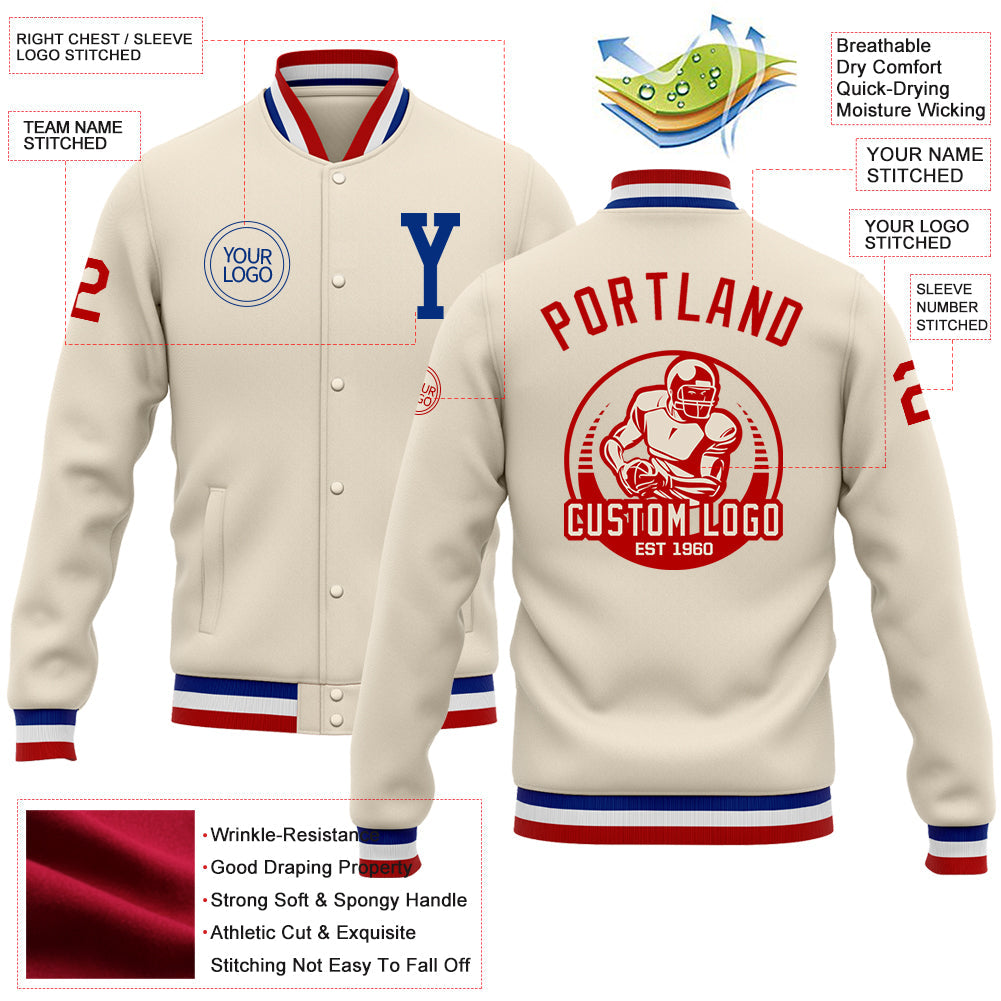 Custom Cream Royal-Red Bomber Full-Snap Varsity Letterman Jacket view 5