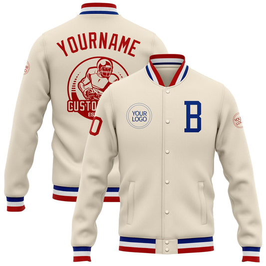 Custom Cream Royal-Red Bomber Full-Snap Varsity Letterman Jacket - Main View